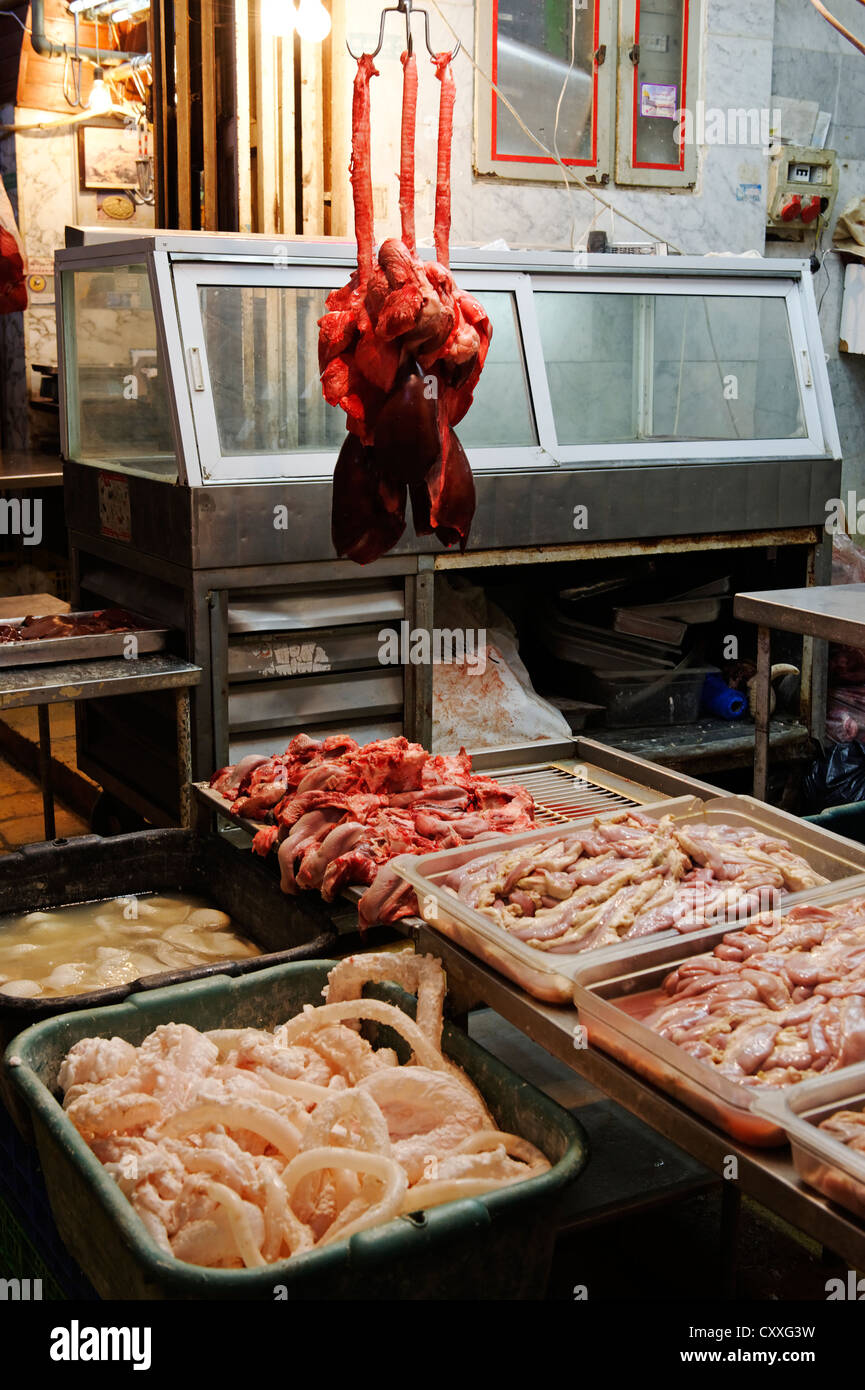 Guts, offal in the meat department, butcher's at the bazaar, souk, Jerusalem, Israel, Middle East Stock Photo
