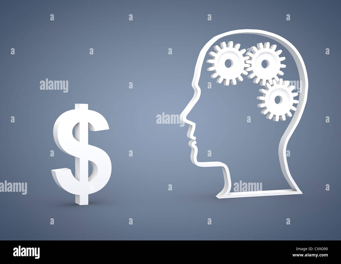 Head with gears and a dollar symbol, symbolic image for clever investments, crisis, currency, 3D illustration Stock Photo
