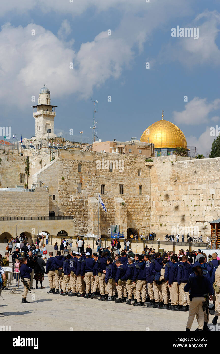 Military parade at the Western Wall, Dome of the Rock at the back, Jerusalem, Israel, Middle East Stock Photo