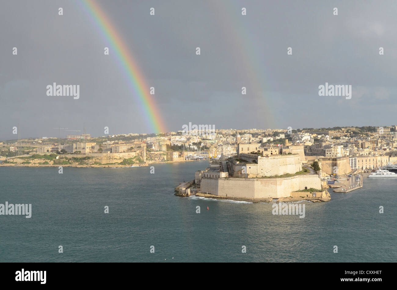 Double rainbow, Grand Harbour, Three Cities, Valletta, Malta, Europe Stock Photo