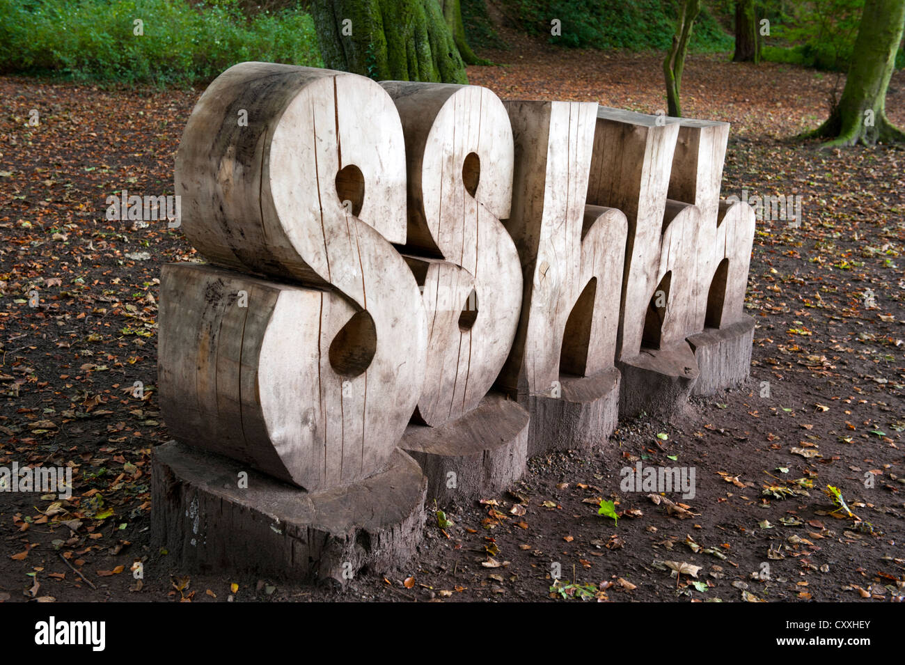 Sshhh wooden sculpture in woodland, Ellesmere, Shropshire Stock Photo