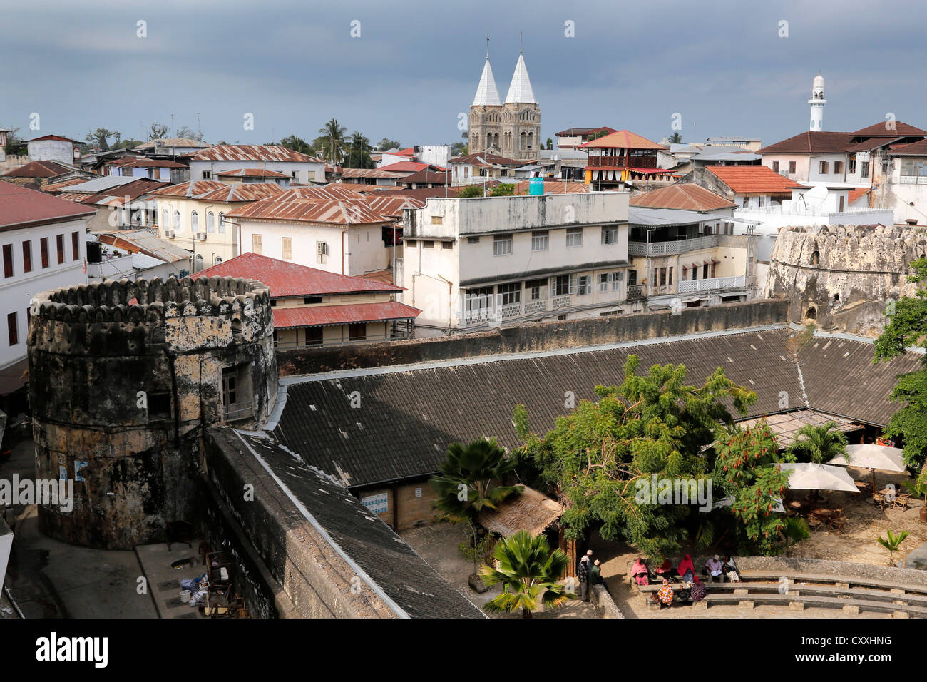 Stonetown of Zanzibar with St Josephs Cathedral and Mosque, Tanzania Stock Photo