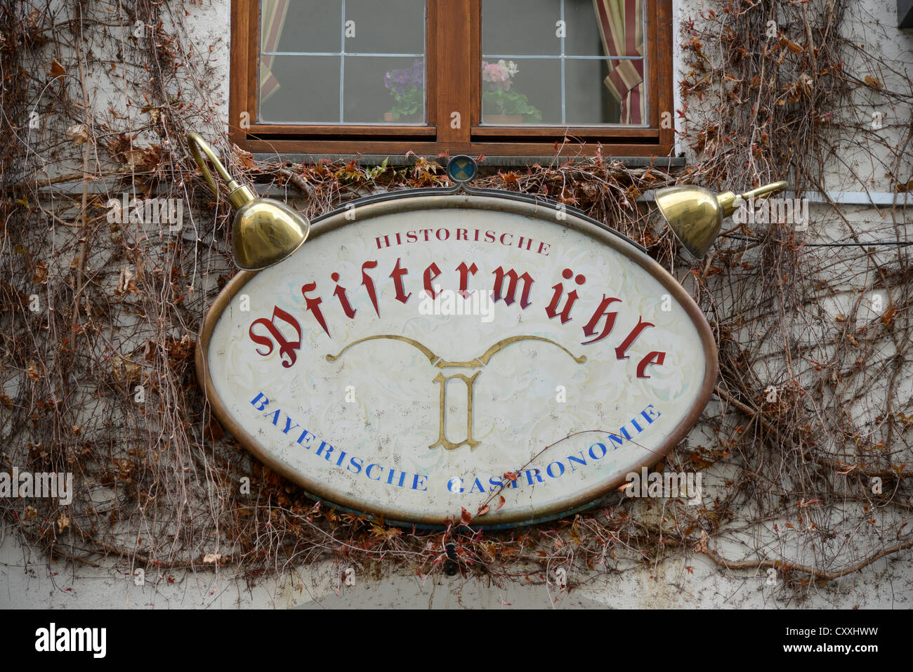 Pfistermuehle sign, Pfisterstrasse street, Bavaria, Munich Stock Photo