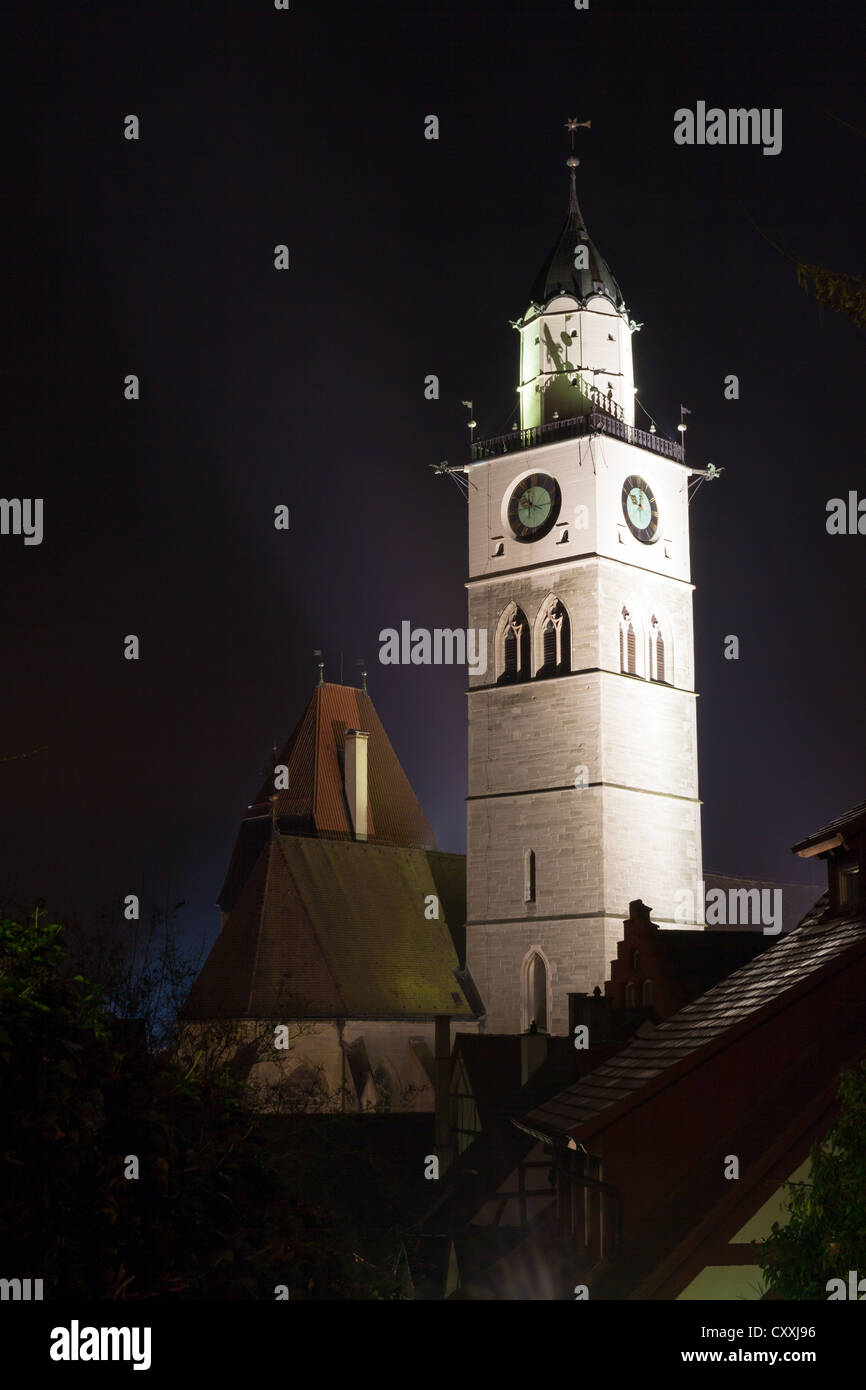 St. Nikolaus parish church at night, Ueberlingen, Lake Constance district, Baden-Wuerttemberg Stock Photo