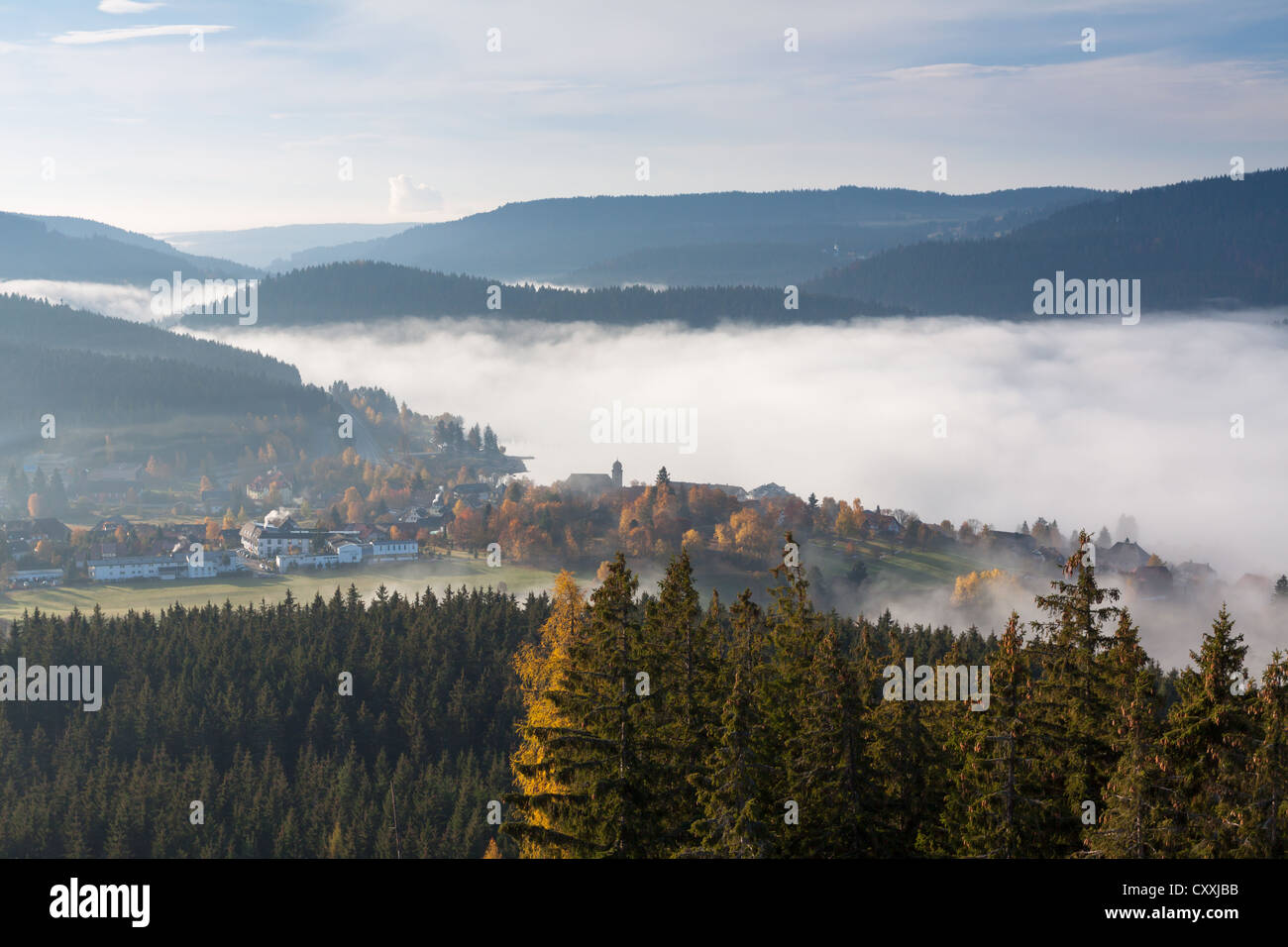 The town of Schluchsee, lake Schluchsee hidden under fog at the back, Breisgau-Hochschwarzwald district, Baden-Wuerttemberg Stock Photo