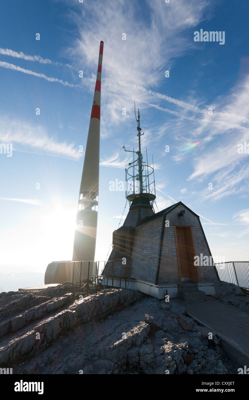 Meteorological station and radio antenna on the summit of Santis Mountain, Appenzell Outer Rhodes, Switzerland, Europe Stock Photo
