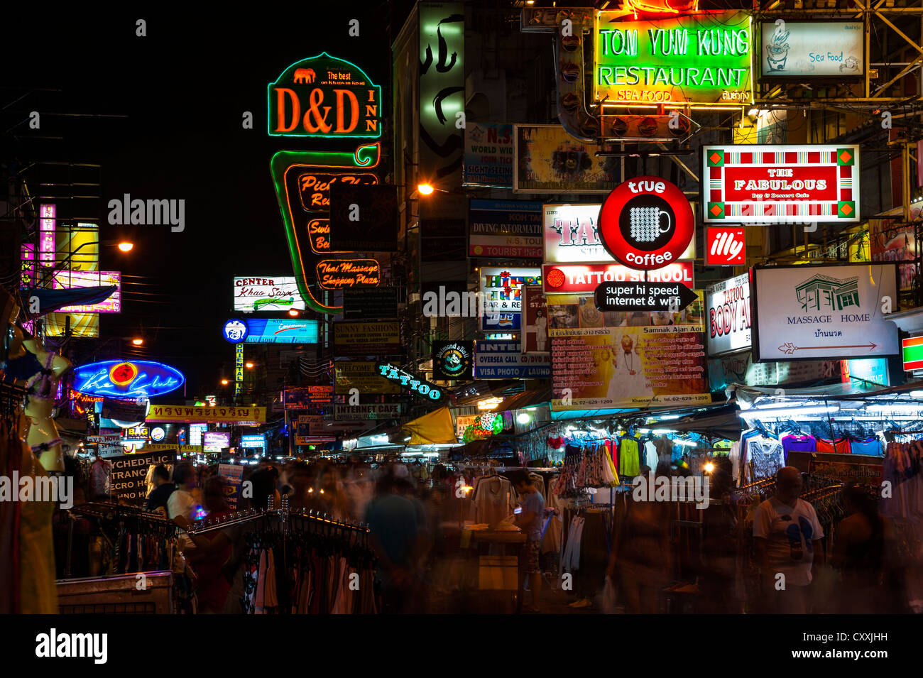 Advertising signs, street view at night, Khao San Road, Bangkok, Thailand,  Asia Stock Photo - Alamy