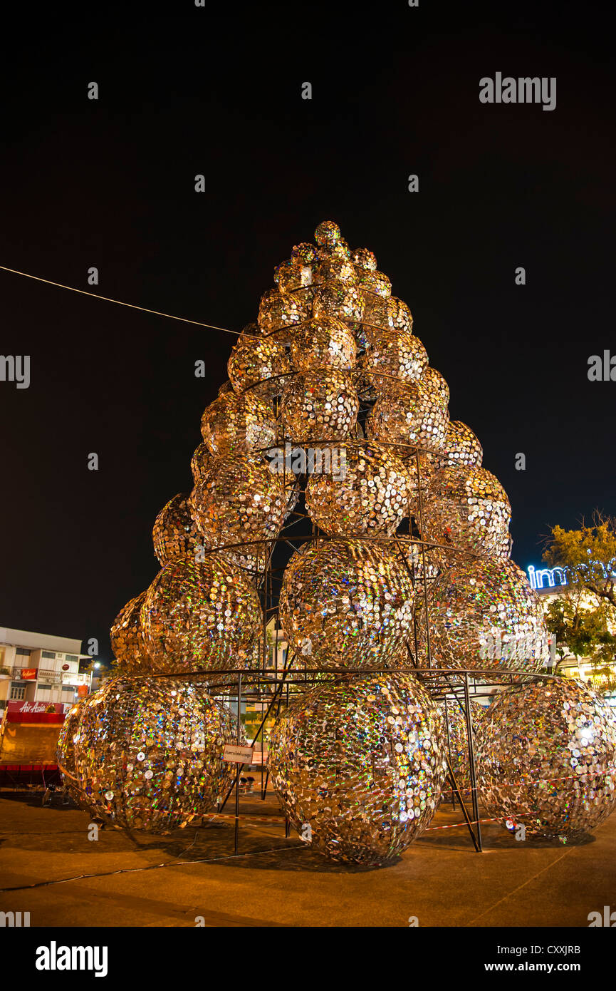 Christmas tree made from CDs and DVDs, Chiang Mai, Northern Thailand, Thailand, Asia Stock Photo
