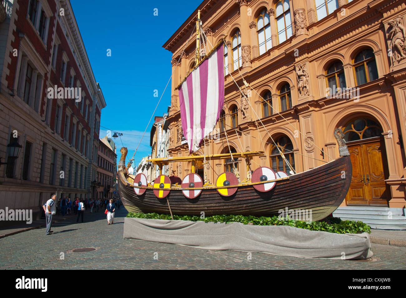 Viking ship replica outside Latvian War Museum in Vecriga the old town Riga Latvia Europe Stock Photo