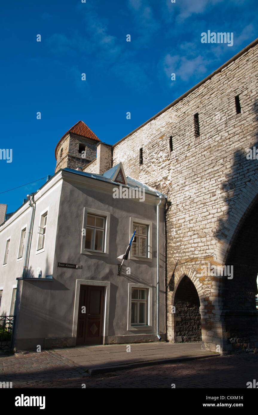 Defensive walls and Saunatorn tower along Suur-Kloostri street at the gates of old town Tallinn Estonia Europe Stock Photo