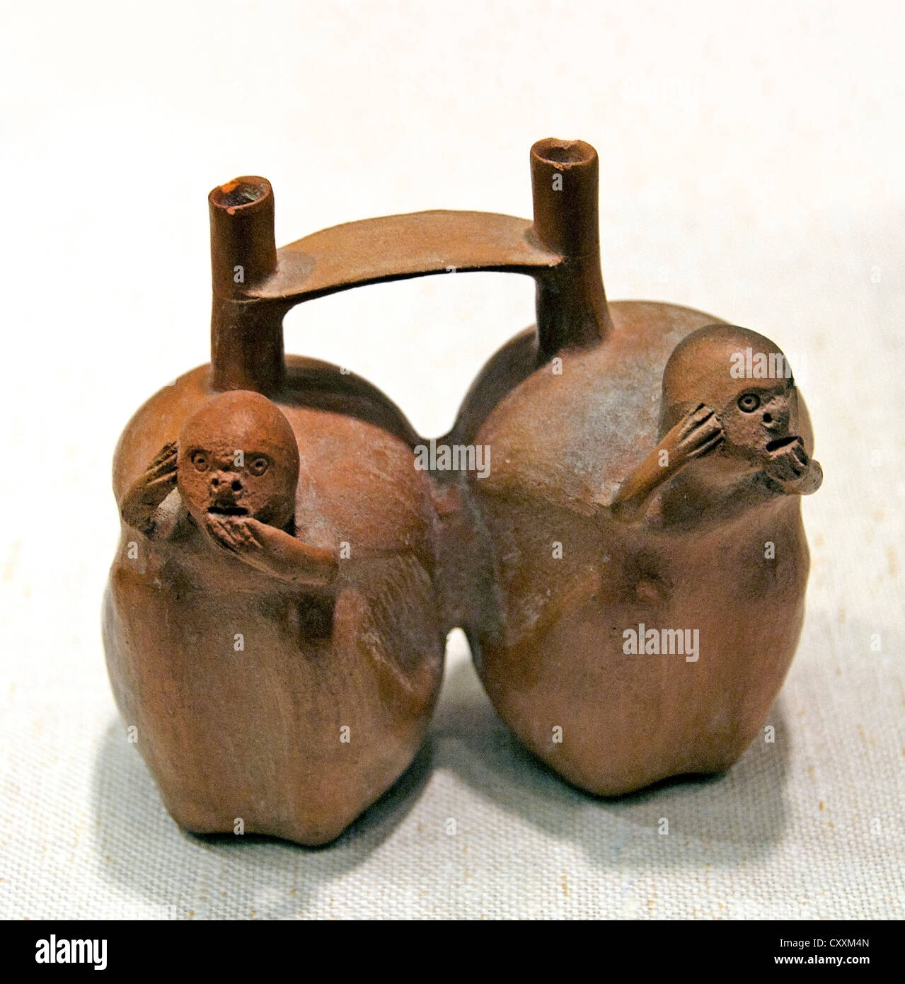Monkeys Double Sprout Bottle Peruvian Peru Topara  2nd BC  - 1th AD Century Ceramic Stock Photo