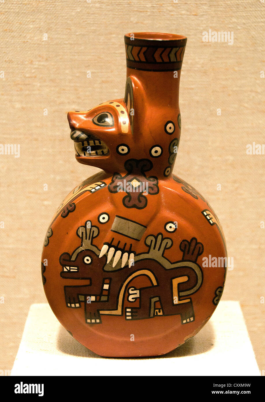 Feline Bottle Peruvian Peru Coastal Wari 6th - 9th Century Ceramic Stock Photo