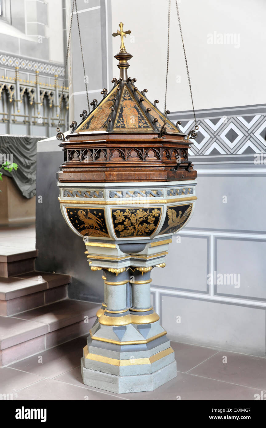 Interior view, baptismal font, parish church of St. Martin, Staufen im Breisgau, southern Black