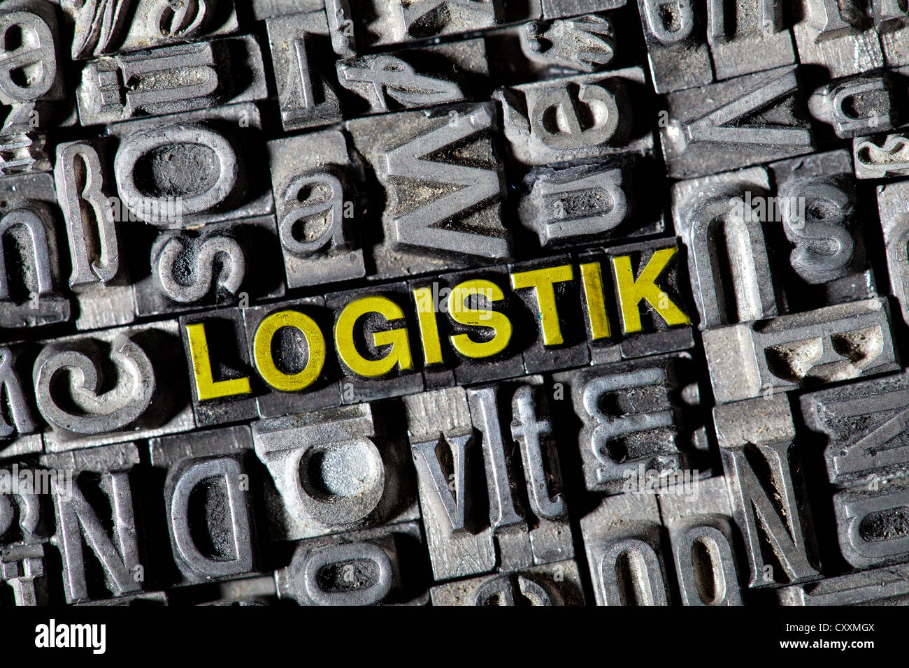 Old lead letters forming the word 'Logistik', German for logistics Stock Photo