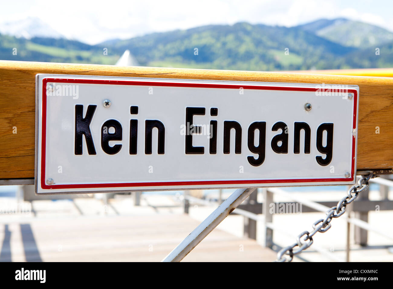 Sign 'Kein Eingang', German for 'no entry' at a jetty at Tegernsee Lake, Bavaria Stock Photo