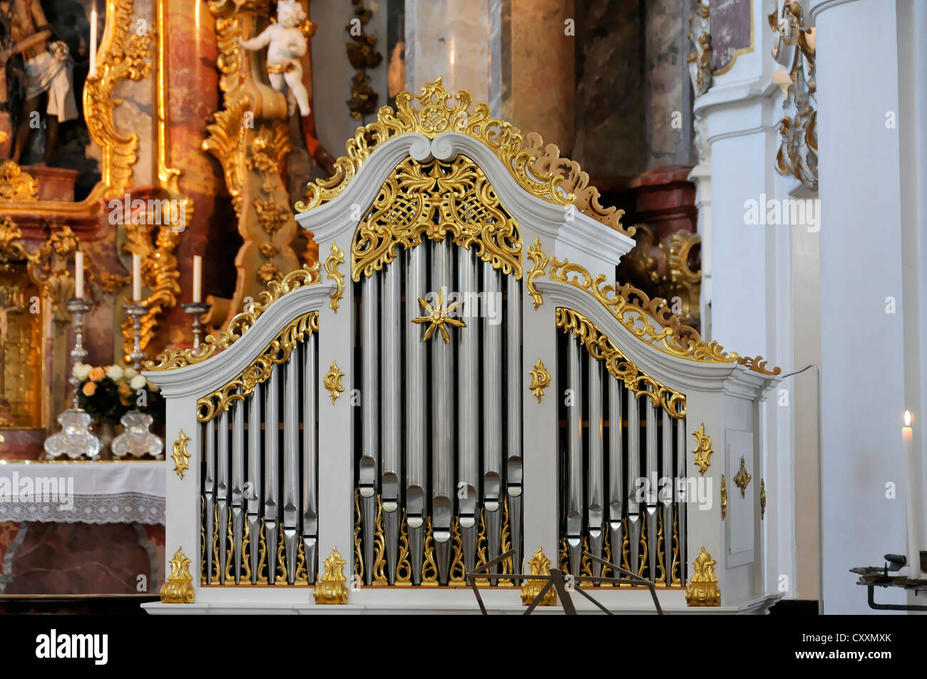 Interior view, organ by Johann Georg Hoerterich, built in 1757, Wieskirche, Pilgrimage Church of Wies, Rococo, 1745-1754 Stock Photo