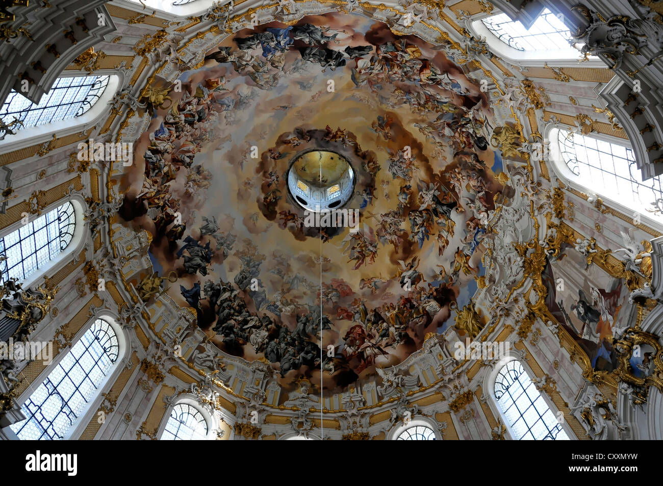 Interior view, dome, fresco by Johann Jakob Zeiller, abbey church, Kloster Ettal Abbey, Upper Bavaria Stock Photo