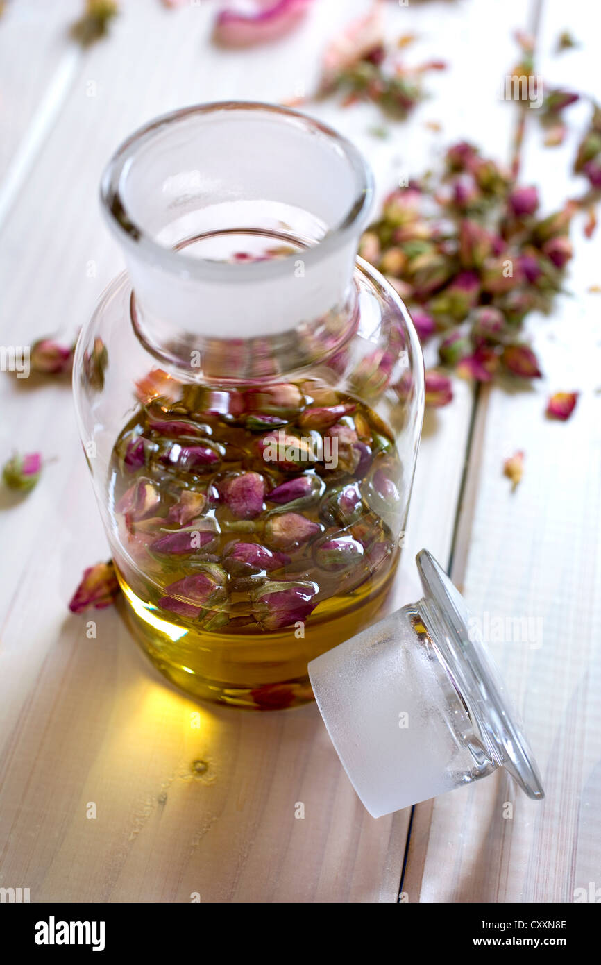 Rose oil, dried rose buds Stock Photo Alamy