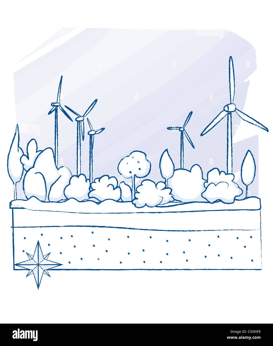 Wind turbines, ground cross-section, illustration Stock Photo