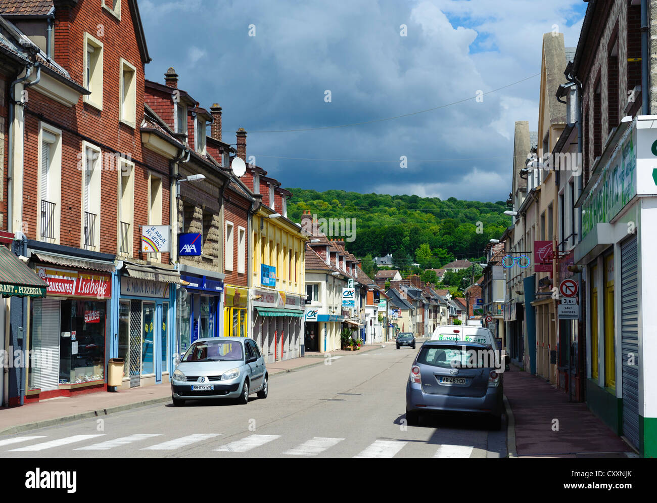 The main street in the town of Blangy-sur-Bresle, Haute-Normandie, France Stock Photo
