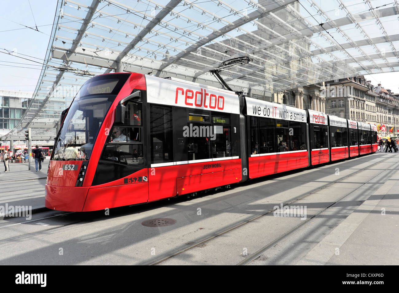 Modern tram in the historic district of Bern, Switzerland, Europe Stock Photo