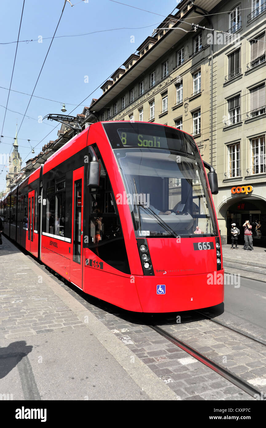 Modern tram in the historic district of Bern, Switzerland, Europe Stock Photo