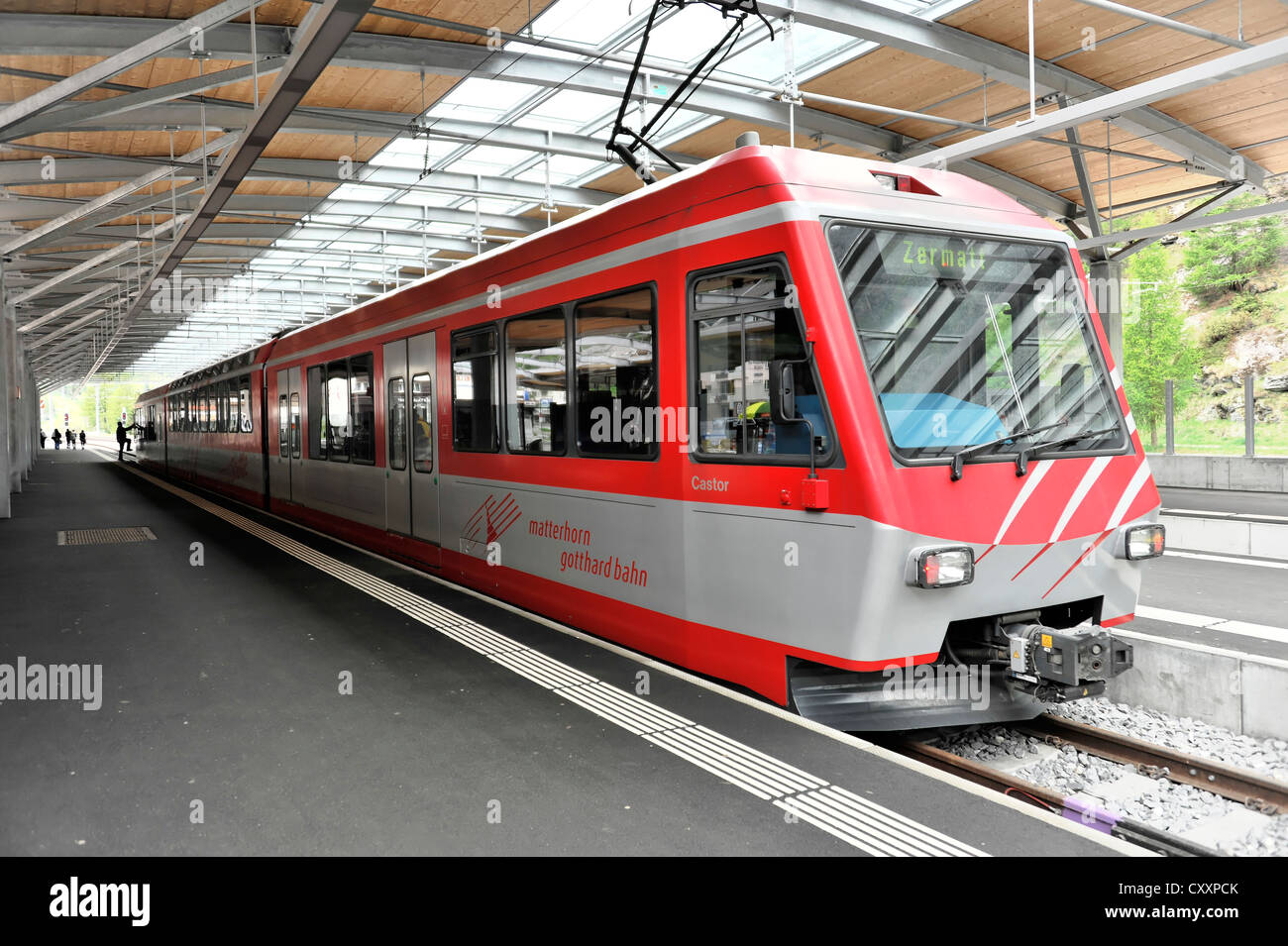 Shuttle train Zermat-Taesch, train station, Zermatt, canton of Valais, Swiss Alps, Switzerland, Europe Stock Photo