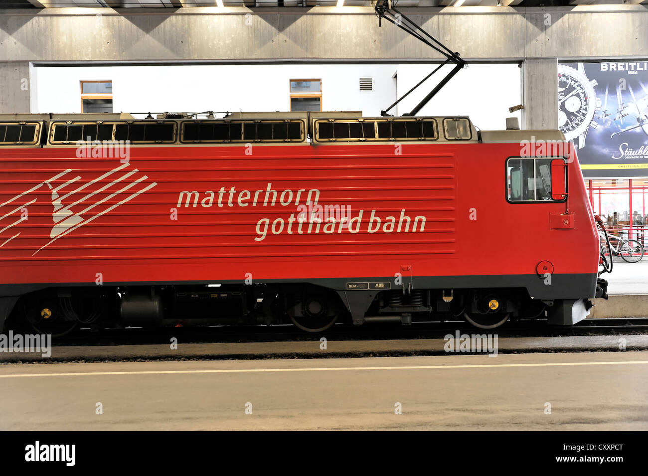 Locomotive, Matterhorn Gotthard Bahn train, railway station, Zermatt, canton of Valais, Swiss Alps, Switzerland, Europe Stock Photo