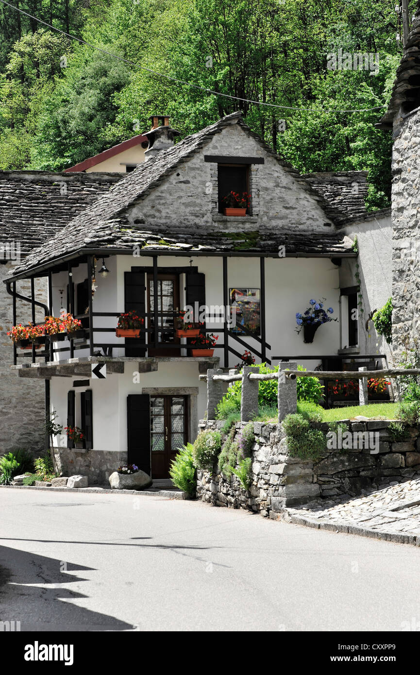 Typical stone house, Brione, Verzasca Valley, Ticino, Switzerland, Europe Stock Photo