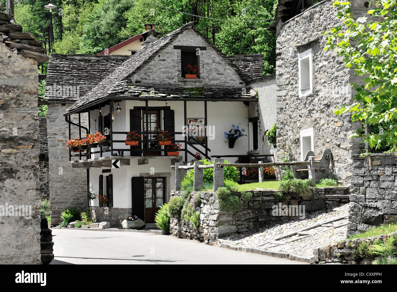 Typical stone house, Brione, Verzasca Valley, Ticino, Switzerland, Europe Stock Photo