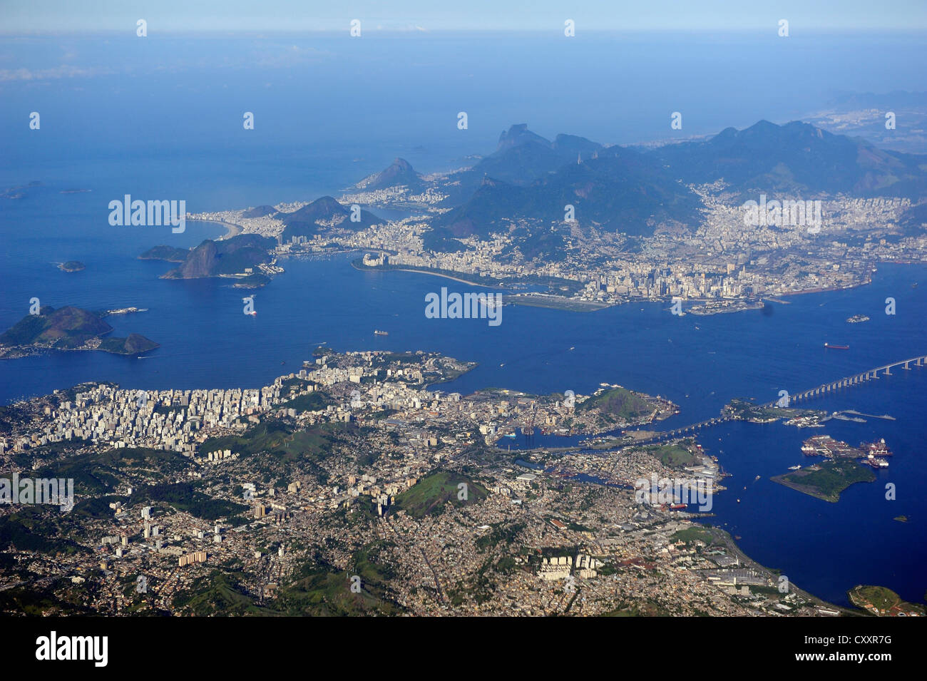 Aerial view of Rio de Janeiro, Niteroi and Bahia de Guanabara, Guanabara Bay, Brazil, South America Stock Photo