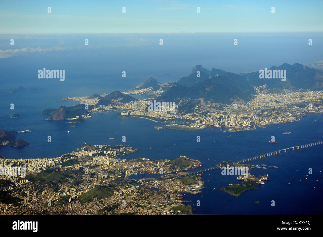 Aerial view of Rio de Janeiro, Niteroi and Bahia de Guanabara, Guanabara Bay, Brazil, South America Stock Photo