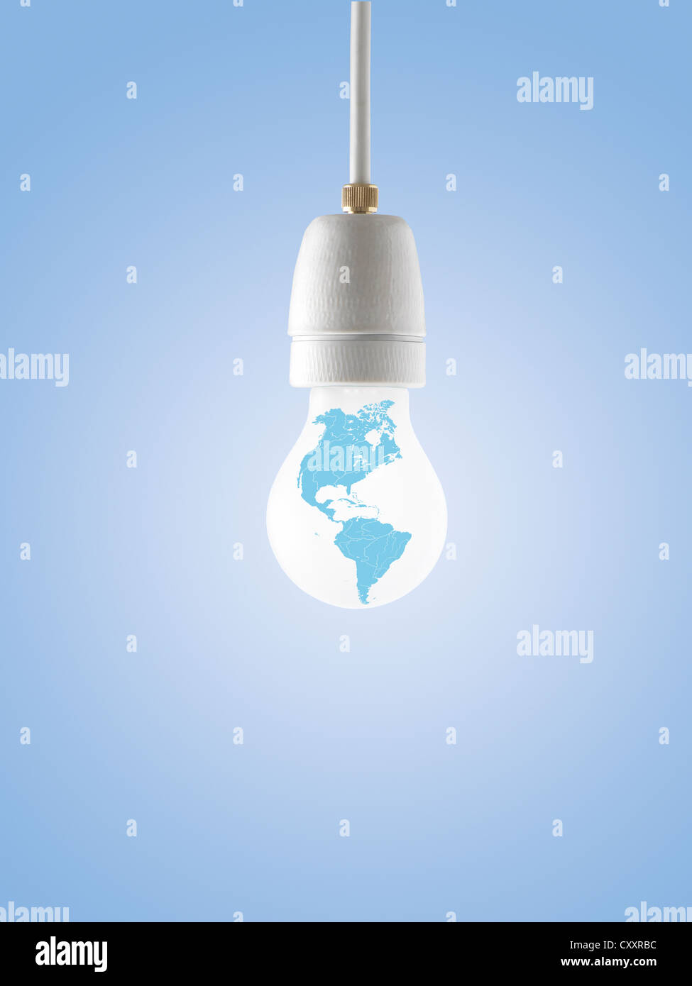 Light bulb with a map of North and South America Stock Photo