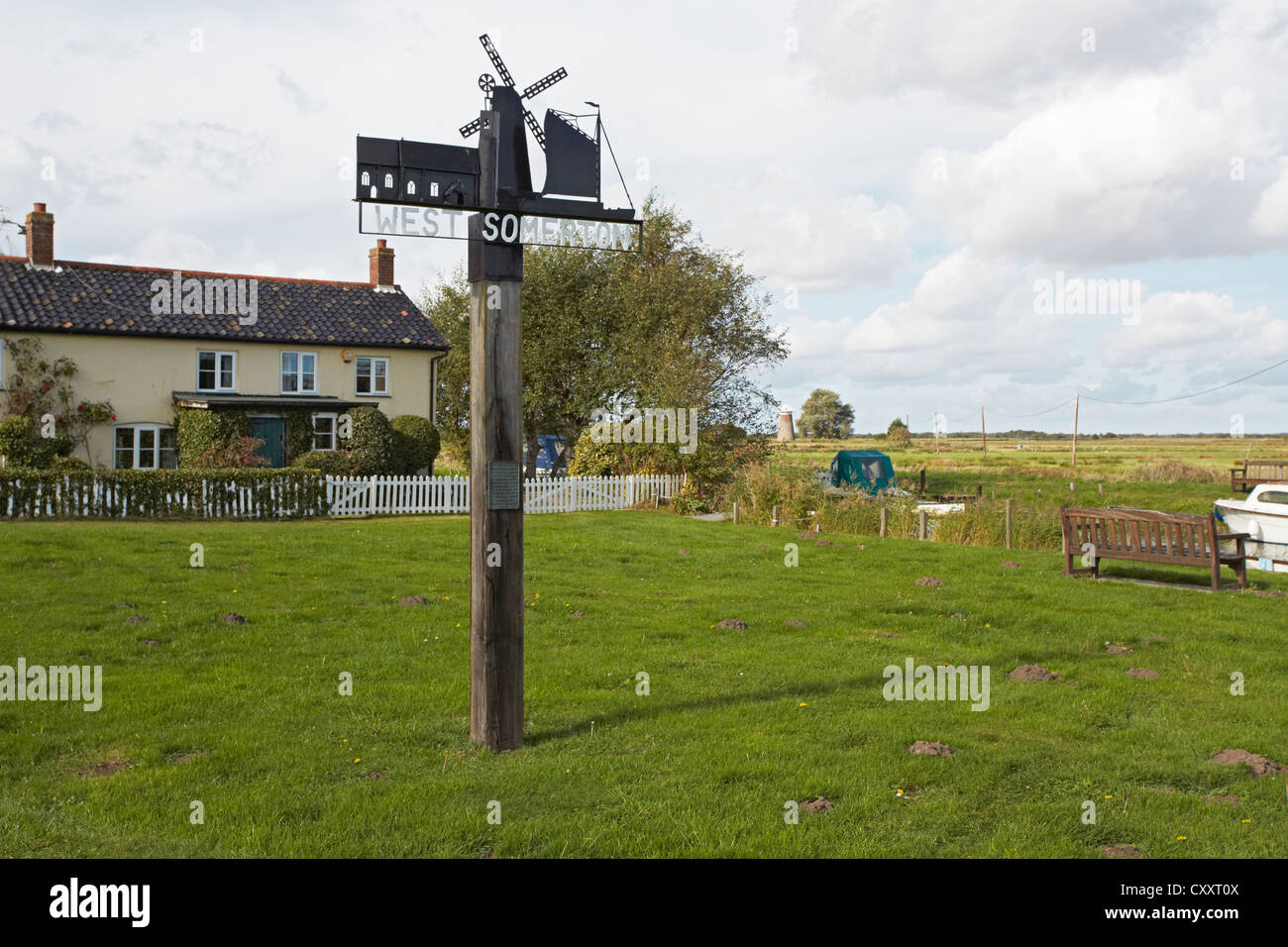 Norfolk West Somerton village sign and Candle dyke Stock Photo Alamy