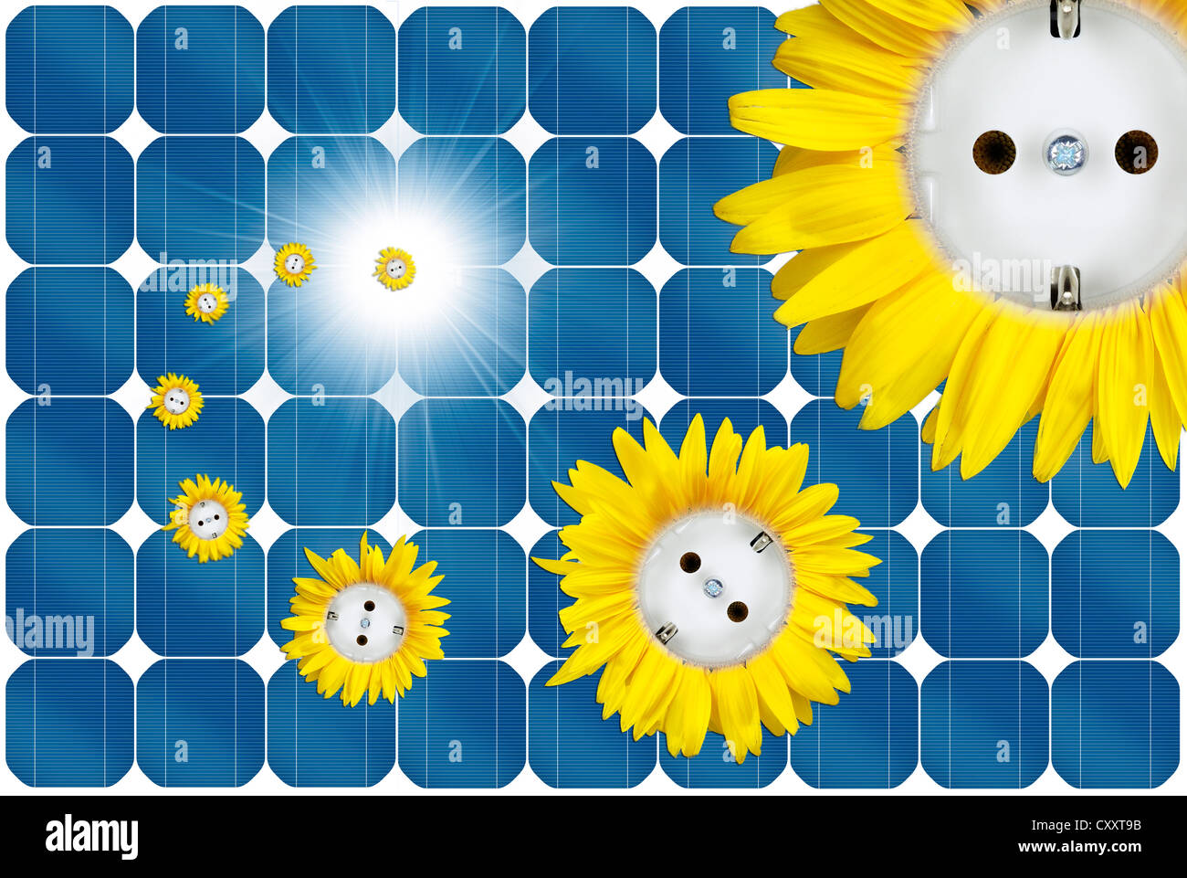 Symbolic image for solar energy, sun flower sockets flying out of a solar panel Stock Photo