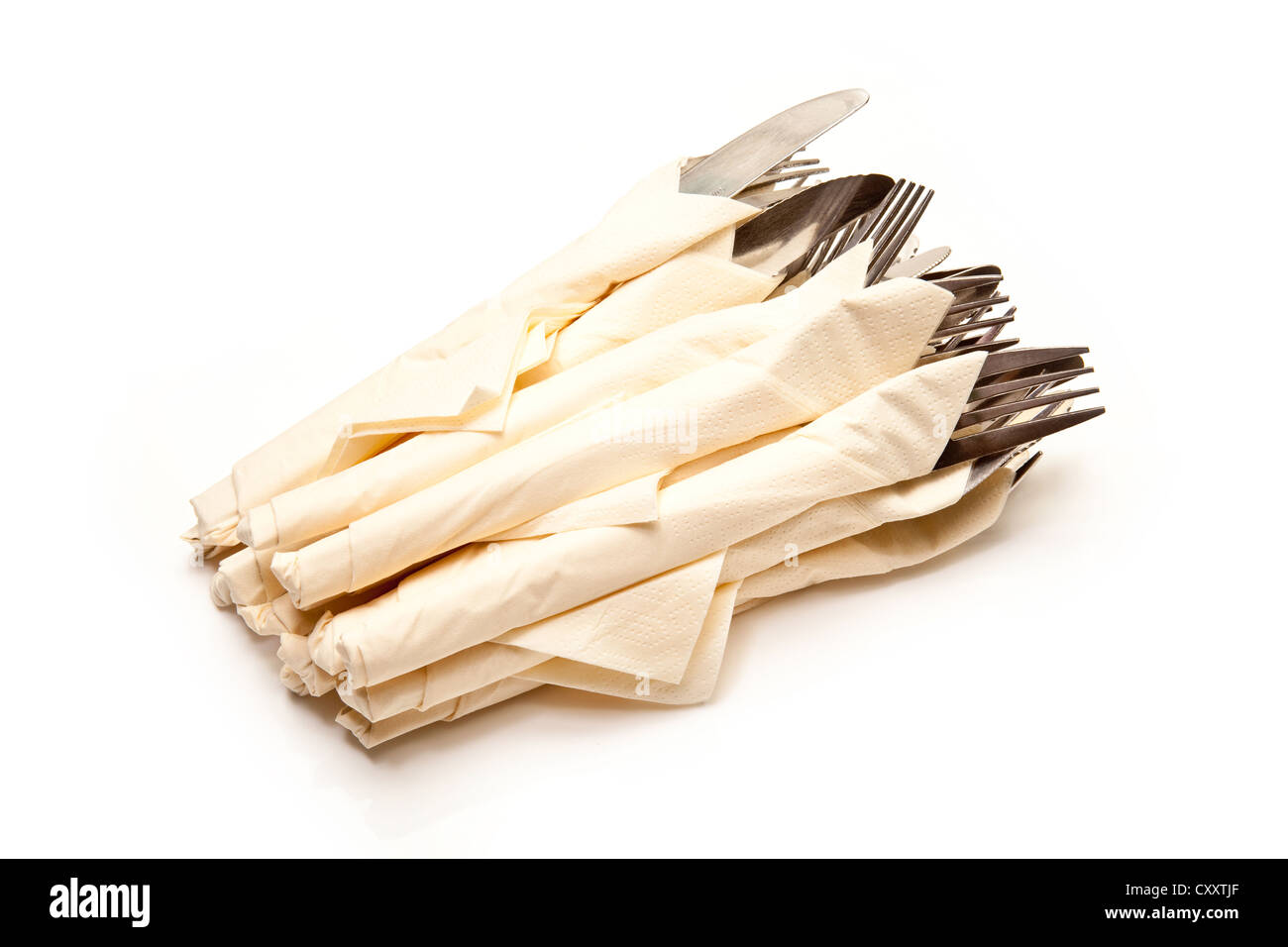 Cutlery wrapped in napkins isolated on a white studio background Stock