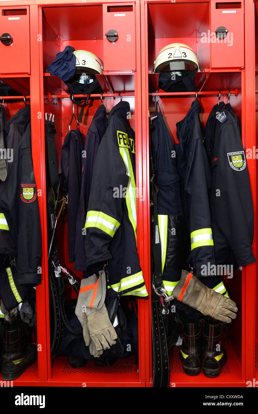 Fire rescue station, changing rooms, lockers Stock Photo