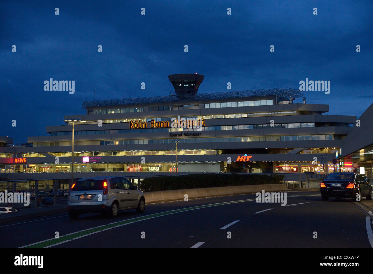 Cologne Bonn Airport, at night, dusk, Cologne, North Rhine-Westphalia Stock Photo