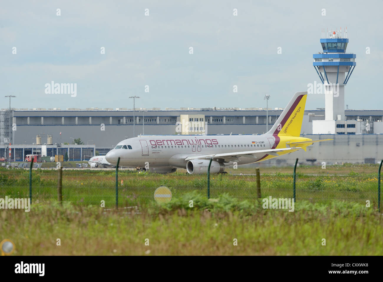 Aircraft of the airline German Wings on the crosswind runway, Cologne Bonn Airport, Cologne, North Rhine-Westphalia Stock Photo