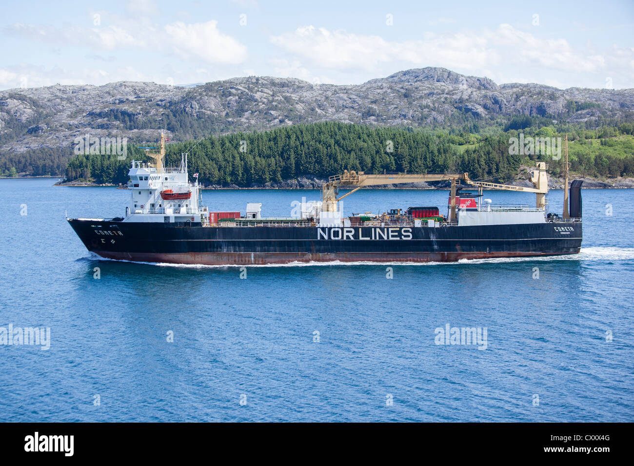Cargo ship, Bergen - Hardanger, Reksteren Island, Norway, Europe Stock Photo