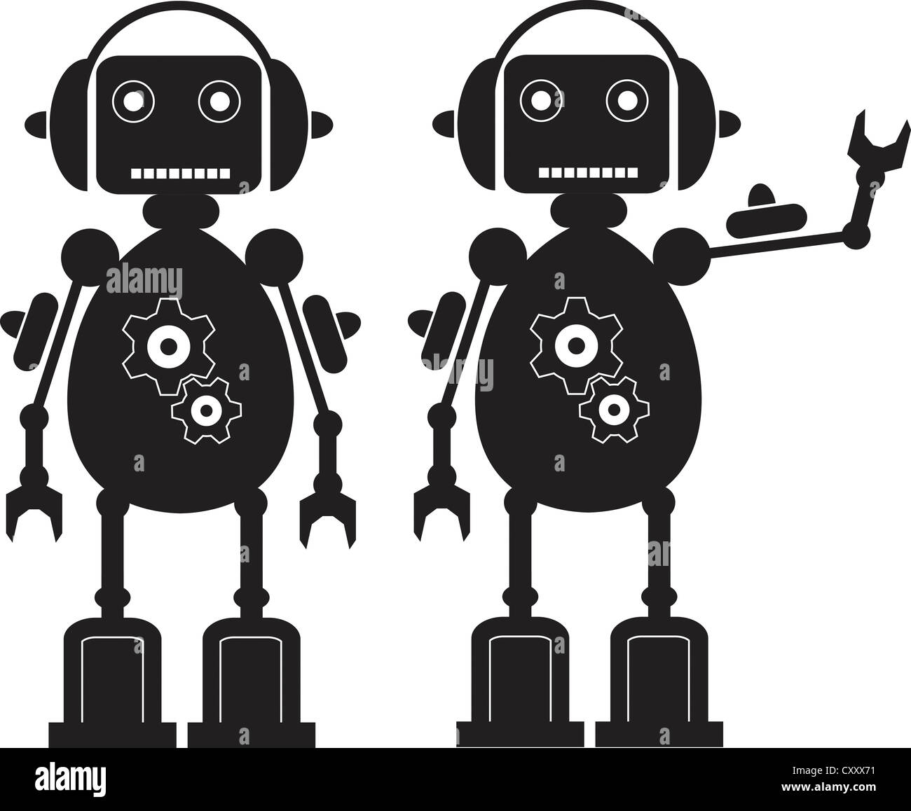 Two Black Friendly Robots with Gears, Headphones Stock Photo - Alamy