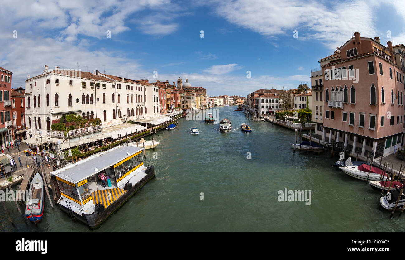 Fisheye view along the Grand Canal of Venice from the Ponte degli Scalzi (the bridge of the barefoot monks) Stock Photo