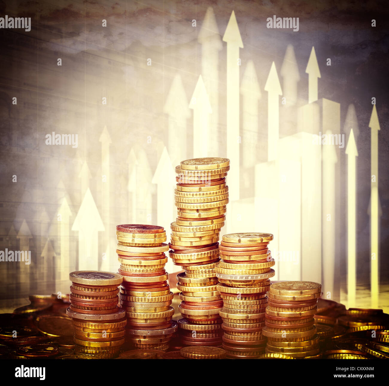 euro coin and 3d arrows background Stock Photo - Alamy