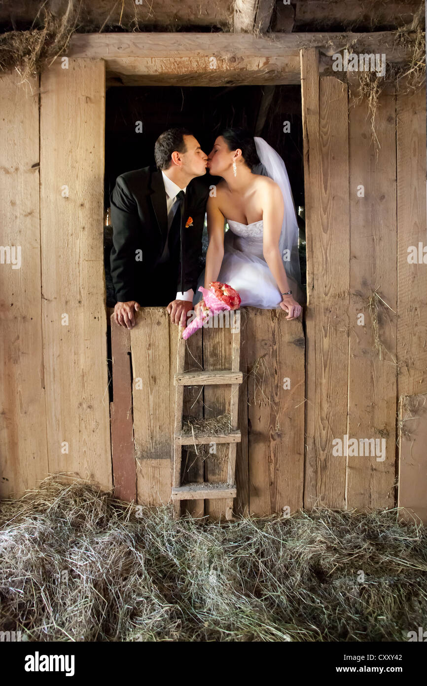 Bride and groom, bridal couple kissing in a barn, hay shed Stock Photo -  Alamy, image size:866x1390