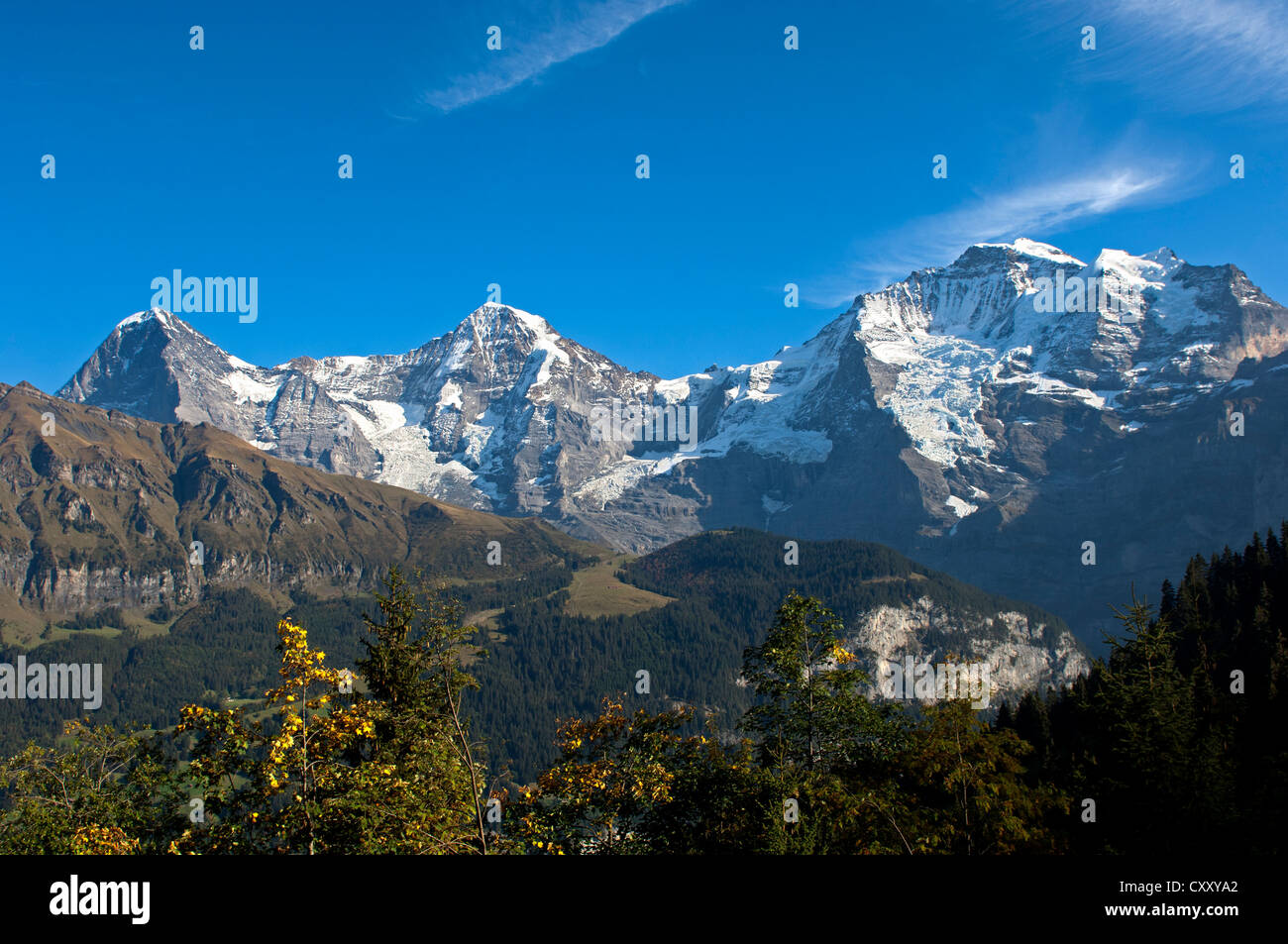View of the mountains Eiger, Moench and Jungfrau from Grutsch Alp near ...