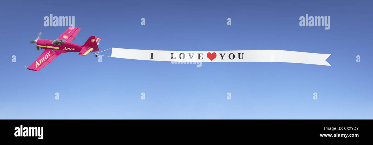 Plane in the sky pulling a banner with the message I love you, illustration Stock Photo