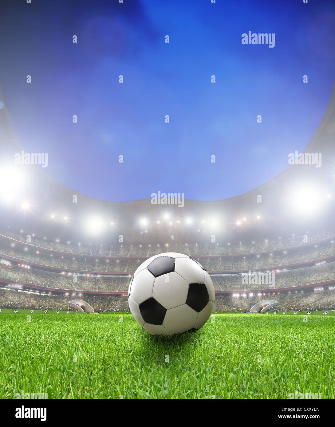 Football on the grass in an illuminated football stadium with spectator stands, illustration Stock Photo