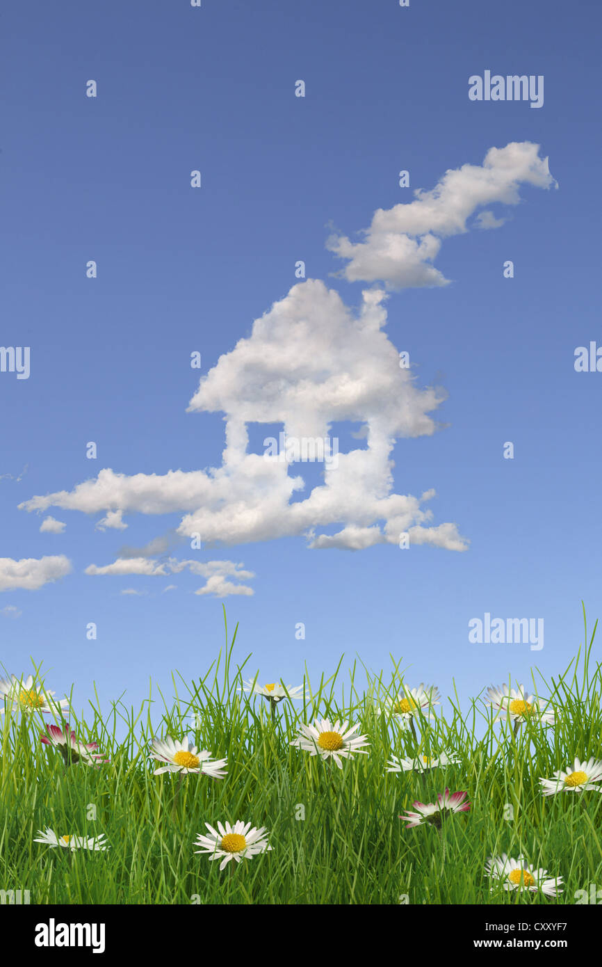 Cloud formation forming the shape of a house in the sky above a flowering meadow, illustration Stock Photo
