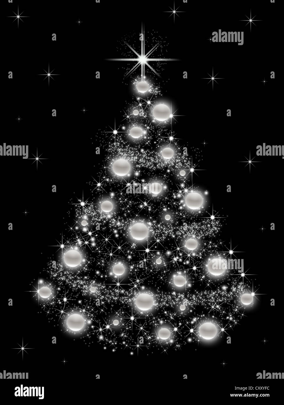 White christmas tree on black background with white stars Stock Photo