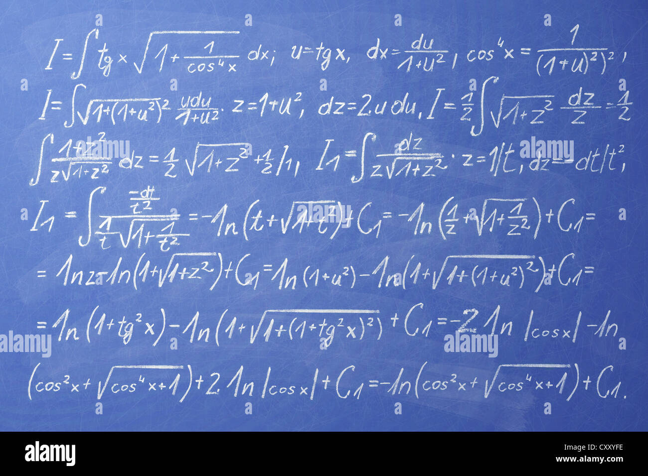 Mathematical formula, integral calculus on a blackboard Stock Photo